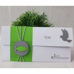 Gutschein- oder Geldgeschenkverpackung Kommunion - Konfirmation - Taufe, Weiß-Apfelgrün-Grau mit Fischen