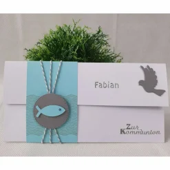 Gutschein- oder Geldgeschenkverpackung Kommunion - Konfirmation - Taufe, Weiß-Hellblau-Grau mit Fischen