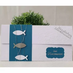 Gutschein- oder Geldgeschenkverpackung Kommunion - Konfirmation - Taufe, Weiß-Petrol mit Fischen