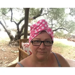 Haarturban aus DDR Frottee – Rosa mit weißen Punkten – Handtuch Turban Nostalgie und Ostalgie