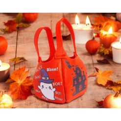 Halloween-Filztasche mit Boo-Geist, Hexenhaus & schlafender Katze – Handgemachter Süßigkeitenbeutel
