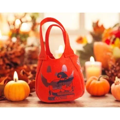 Halloween-Filztasche mit Boo-Geist, Hexenhaus & schlafender Katze – Handgemachter Süßigkeitenbeutel
