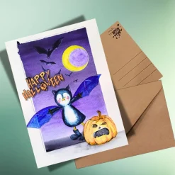 Halloween-Postkarte – Lustiger Pinguin als Fledermaus auf Kraftpapier