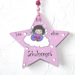 Handbemalter Holzstern Schutzengel für Mädchen – Personalisierbares Geschenk & Glücksbringer