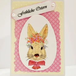 Handcolorierte Osterkarte Hase mit Blumenkranz – Fröhliche Ostern in Pastell, Klappkarte 10,5x14,5cm