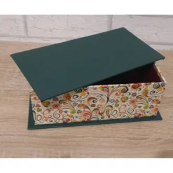 Handgefertigte Geschenkverpackung aus Pappe, Papier und Buchleinen - grün-bunt