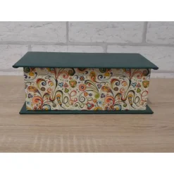 Handgefertigte Geschenkverpackung aus Pappe, Papier und Buchleinen - grün-bunt