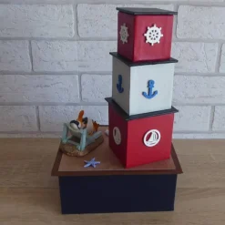 Handgefertigte Geschenkverpackung / Schachtel aus Pappe, Papier und Buchleinen - Leuchtturm - Strandurlaub