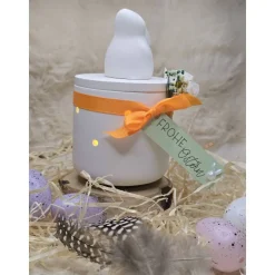 Handgefertigte Osterdose aus Raysin mit Hasenfigur, warmem Licht & Unikat-Charakter – Osterdeko & Geschenk