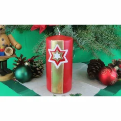 Handgefertigte Rote Adventskerze mit Goldenem Sternenbanner, Personalisierbare Weihnachtskerze