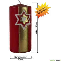 Handgefertigte Rote Adventskerze mit Goldenem Sternenbanner, Personalisierbare Weihnachtskerze
