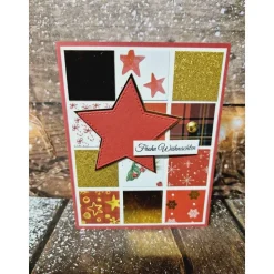 Handgefertigte Weihnachtskarte Stern Quadrate rot gold weiß - inkl. Einlegeblatt & Umschlag
