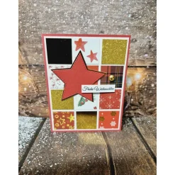 Handgefertigte Weihnachtskarte Stern Quadrate rot gold weiß - inkl. Einlegeblatt & Umschlag