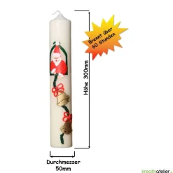 Handgefertigte Weihnachtskerze in Elfenbein mit liebevoll gestaltetem Nikolaus & elegantem Glockenband