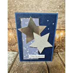 Handgefertigte Weihnachtskarte Sterne blau silber - inkl. Einlegeblatt & Umschlag