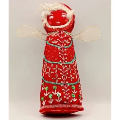 Handgefertigter Weihnachtsengel aus rotem Filz. Verziert mit filigranen Stickereien und Flügeln aus feinem Golddraht