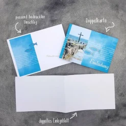 Handgemachte Einladungskarte Konfirmation, Kommunion oder Firmung – Kreuz im Meer