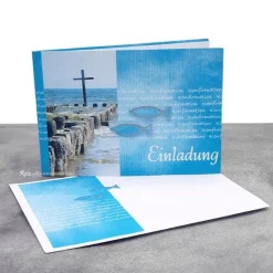 Handgemachte Einladungskarte Konfirmation, Kommunion oder Firmung – Kreuz im Meer