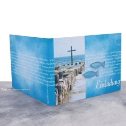 Handgemachte Einladungskarte Konfirmation, Kommunion oder Firmung – Kreuz im Meer