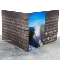 Handgemachte Einladungskarte Regenbogen Holzoptik zur Konfirmation, Kommunion & Firmung – inkl. Umschlag & Einlegeblatt