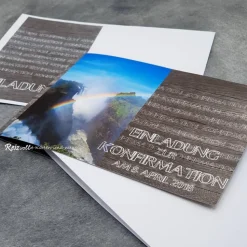 Handgemachte Einladungskarte Regenbogen Holzoptik zur Konfirmation, Kommunion & Firmung – inkl. Umschlag & Einlegeblatt