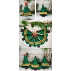 Handgemachte Filz-Tannenbäume als Weihnachtsanhänger  ca. 16 cm –grün mit Goldfransen rotem Band Glitzer festliche Deko