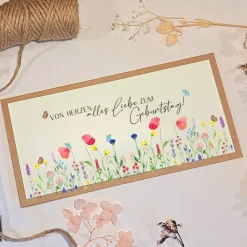 Handgemachte Geburtstagskarte mit Blumenmotiv – Geldgeschenk & Gutscheinverpackung