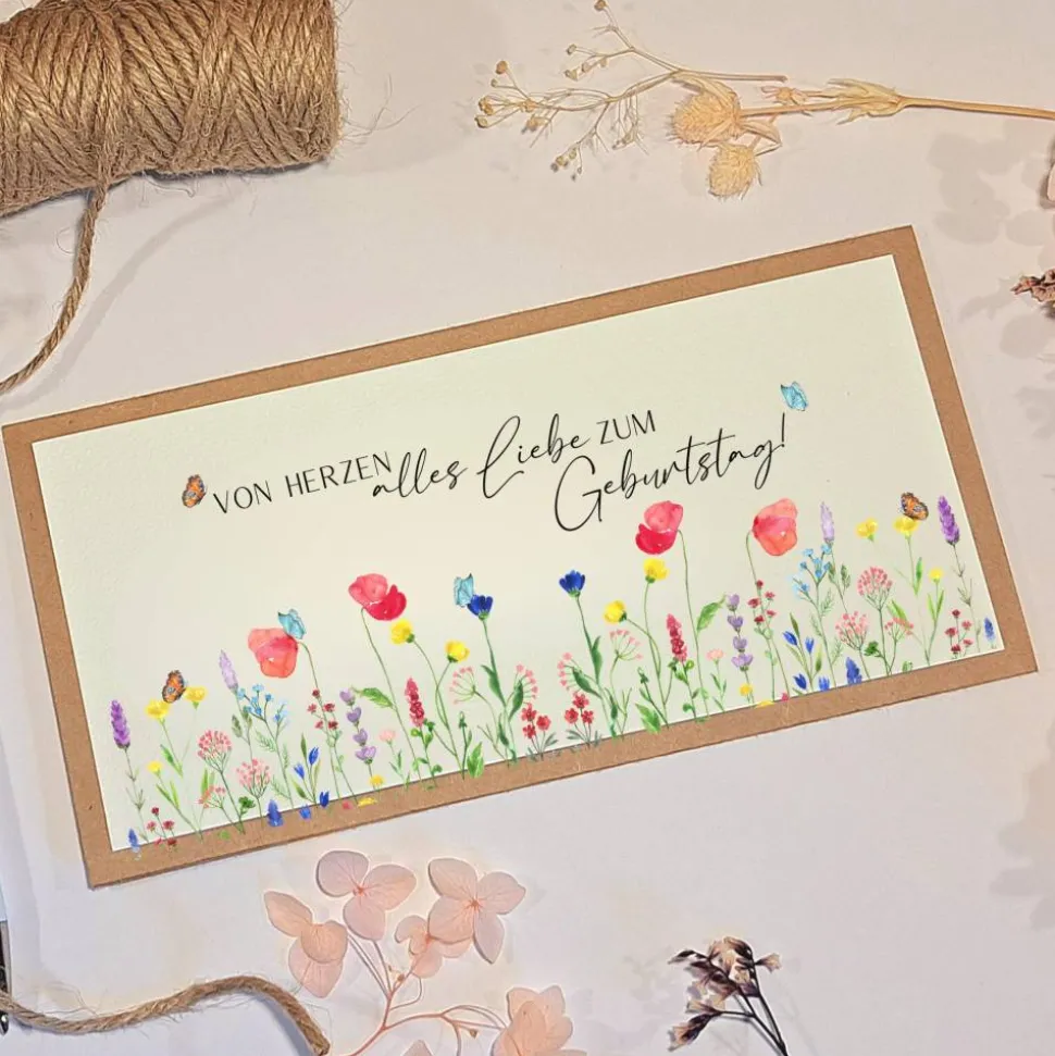 Handgemachte Geburtstagskarte mit Blumenmotiv – Geldgeschenk & Gutscheinverpackung
