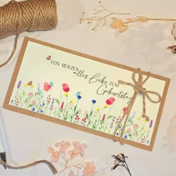 Handgemachte Geburtstagskarte mit Blumenmotiv – Geldgeschenk & Gutscheinverpackung
