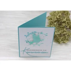 Handgemachte Glückwunschkarte zur Kommunion in Mint und Weiß – Tauben-Motiv für Jungen & Mädchen