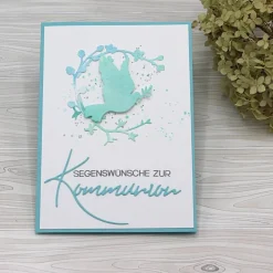 Handgemachte Glückwunschkarte zur Kommunion in Mint und Weiß – Tauben-Motiv für Jungen & Mädchen