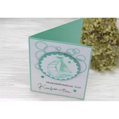 Handgemachte Glückwunschkarte zur Konfirmation in Mint & Weiß mit Boot-Motiv – Unikat für Jungen & Mädchen