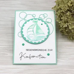 Handgemachte Glückwunschkarte zur Konfirmation in Mint & Weiß mit Boot-Motiv – Unikat für Jungen & Mädchen