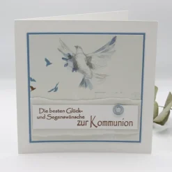 Handgemachte Kommunionkarte Taube – Blau Weiß – Edle Glückwunschkarte zur Erstkommunion
