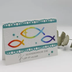 Handgemachte Kommunionkarte Fische -  regenbogenfarben – Unikat zur Erstkommunion