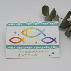Handgemachte Kommunionkarte Fische -  regenbogenfarben – Unikat zur Erstkommunion