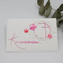 Handgemachte Kommunionskarte Mädchen – Kreuz im Kreis, rosa-pink, Aquarell, Unikat
