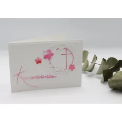 Handgemachte Kommunionskarte Mädchen – Kreuz im Kreis, rosa-pink, Aquarell, Unikat