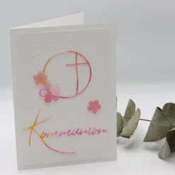 Handgemachte Kommunionskarte Mädchen – Kreuz im Kreis, rosa-pink, Aquarell, Unikat
