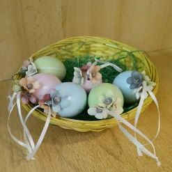 Handgemachte Ostereier 6er Set, pastellfarbene Ostereier mit Blüten und Satinband, Osterdeko zum aufhängen, Osterschmuck
