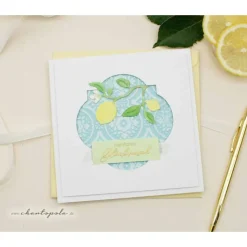 Handgemachte quadratische Glückwunschkarte in mediterranem Flair, Zitronenzweig, Aquarell & goldener Schrift