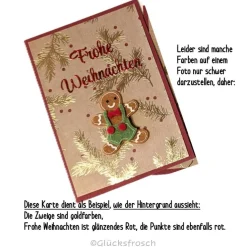 Handgemachte Weihnachtskarte rot mit Lebkuchenmann, goldenen Zweigen & Umschlag