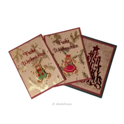 Handgemachte Weihnachtskarte rot mit Lebkuchenmann, goldenen Zweigen & Umschlag