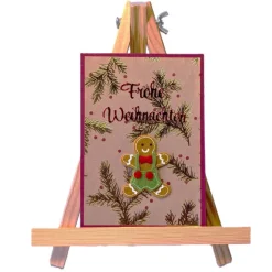 Handgemachte Weihnachtskarte rot mit Lebkuchenmann, goldenen Zweigen & Umschlag