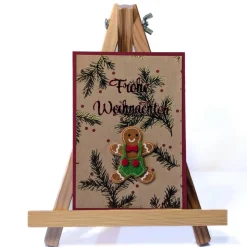 Handgemachte Weihnachtskarte rot mit Lebkuchenmann, goldenen Zweigen & Umschlag