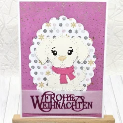 Handgemachte Weihnachtskarte A6 mit Hundeanhänger in Pink – Unikat & Umschlag