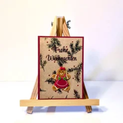 Handgemachte Weihnachtskarte rot mit Lebkuchenfrau, goldenen Zweigen & Umschlag