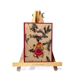 Handgemachte Weihnachtskarte rot mit Lebkuchenfrau, goldenen Zweigen & Umschlag