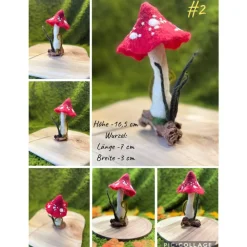 Handgemachter Filzpilz mit rotem Hut & weißen Punkten – 16,5 cm – Wurzelbasis mit Blättern  Waldorf Jahreszeitentisch
