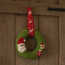 Handgemachter Strickkranz Weihnachten – Kleiner Wandkranz mit Weihnachtsmann, Advent Türkranz 17,5cm